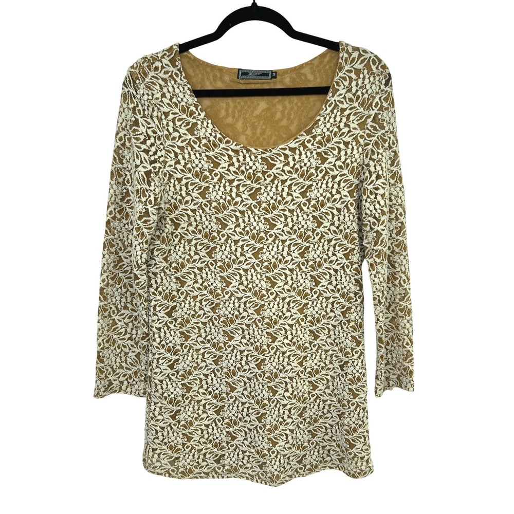 Sheer Lace Mesh‎ Tunic Top Medium Nude Cream Stretch Romantic Fairy Y2K